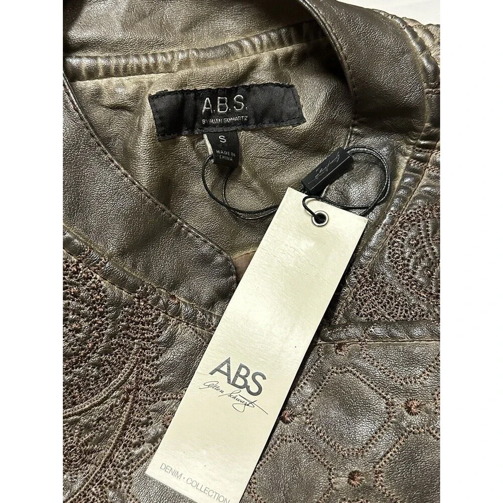 NEW Allen Schwartz Womens Small Lattice Embroidered Brown Faux Leather Jacket